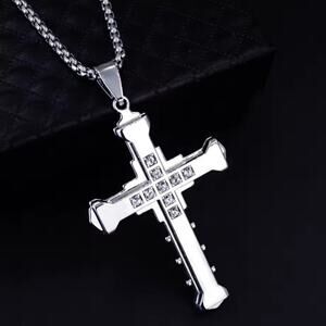Polished Steel Cross Necklace | 24in 3mm Box Chain | CZ Accents